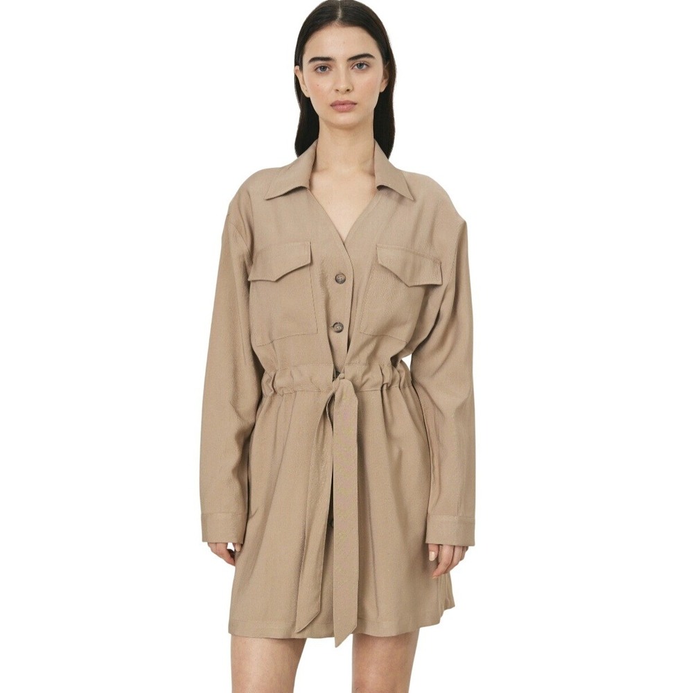 DELUC Tan Utility Shirt Dress Long Sleeve Button Front‎ Tie Waist Mini Size L
